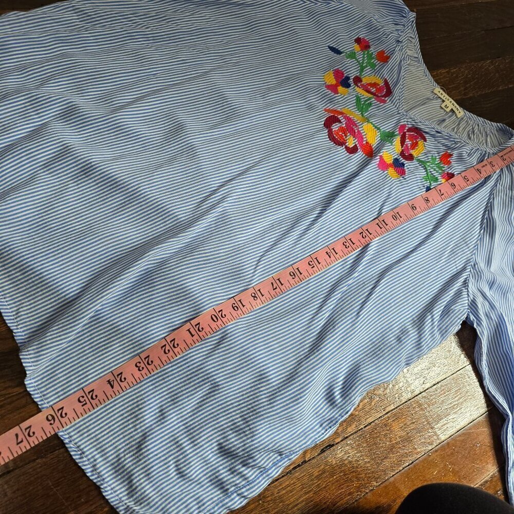 Artisan NY Blue Striped Flowy Colorful Floral Embroidery Boho Top - Picture 10 of 12